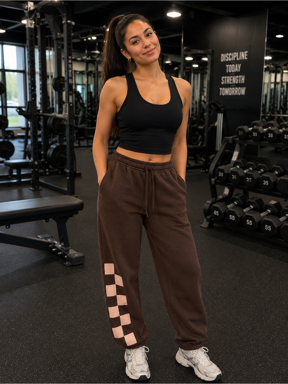 American Apparel Brown Jogger Pants with Pink Checker Accent